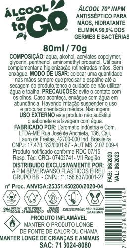 Imagem de Chaveiro Álcool Gel 70 ToGo 80ml com clipe