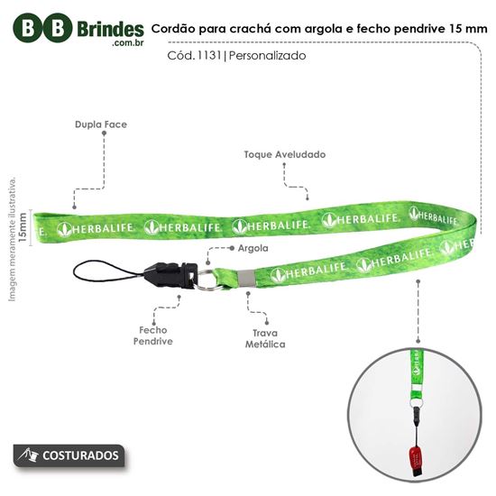 Imagem de Cordão para crachá com argola e fecho pendrive 15mm